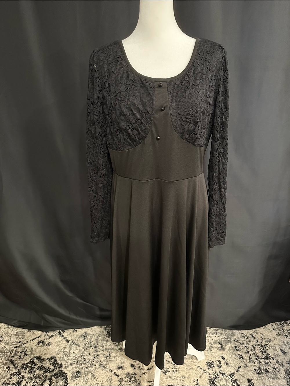 Acevog Black Lace Long-Sleeve Fit & Flare Dress